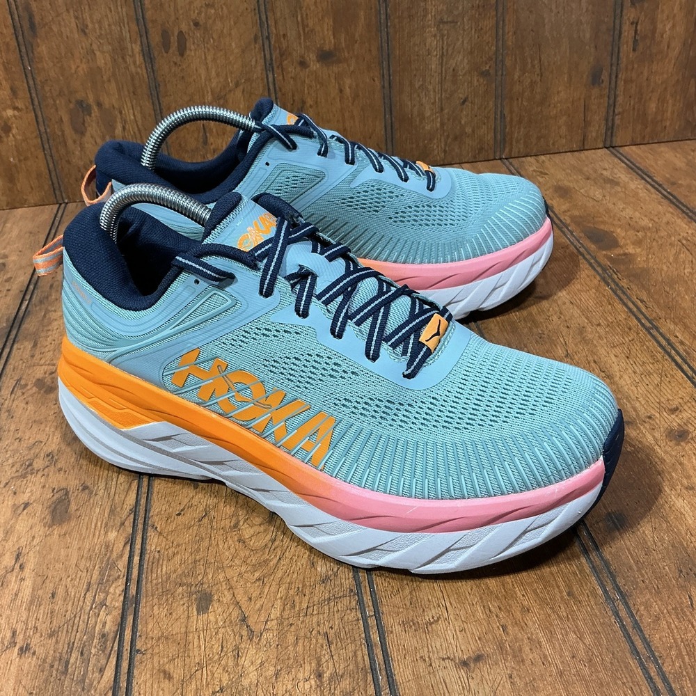 Hoka One One Bondi 7 Blue Athletic Lace Up Running Shoes Size 10 D Wide Sneakers